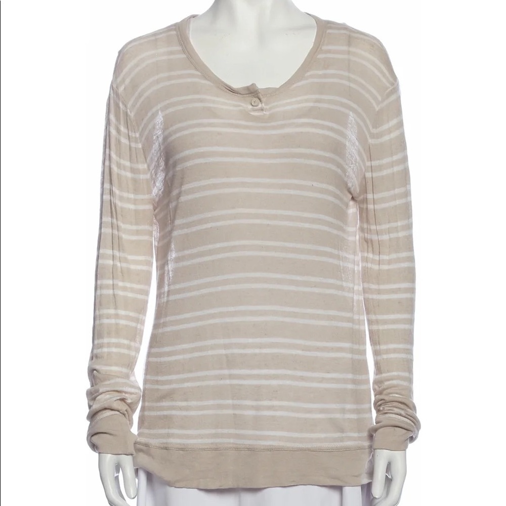 T by Alexander Wang Beige Striped Linen Rayon Knit Long Sleeve Top